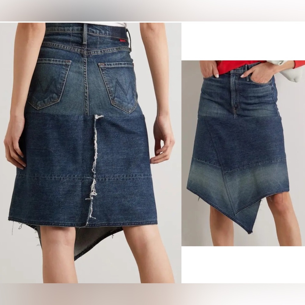 Mother+Carolyn Murphy Knee Step Asymmetric Distressed Patchwork
Denim Skirt 24